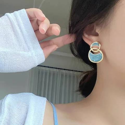 Double-Ring Drip Glaze Sea Blue Earrings - Image 2