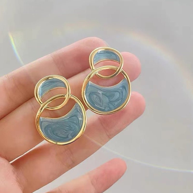 Double-Ring Drip Glaze Sea Blue Earrings