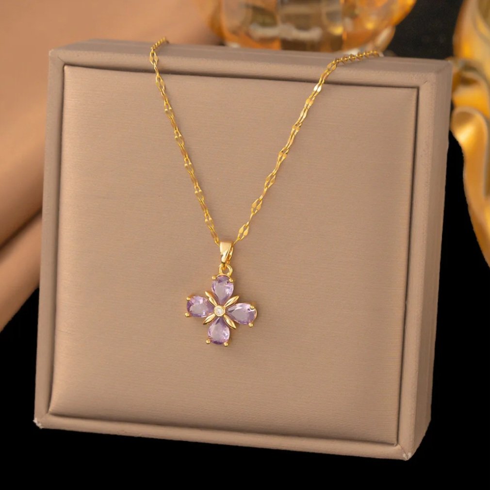 Anti-Tarnish Purple Diamond Clover Necklace