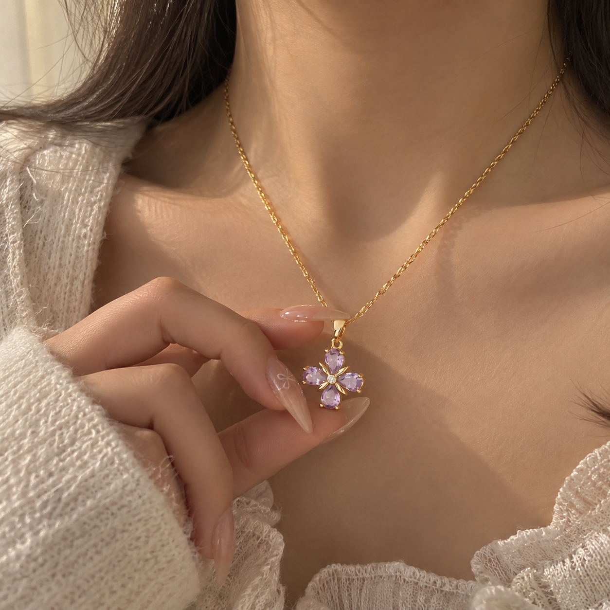 Anti-Tarnish Purple Diamond Clover Necklace - Image 2